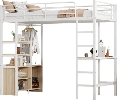 Produktbild von Hochbett(Weiß)Kinderbett mit Schreibtisch, Mit Steckdose und USB, Mehrere Regale, Offener Lagerschrank, Geländer, Leiter, Eisenrahmen
