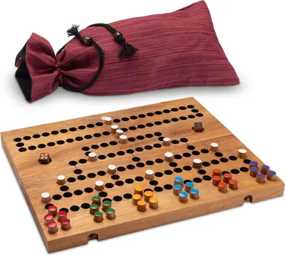 A wooden board game with colorful playing pieces and a red fabric storage bag.