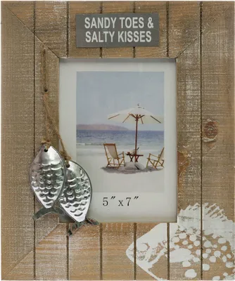 Produktbild von Bilderrahmen HOLIDAYS braun weiß aus Holz H29cm mit Metallfischen Beach House