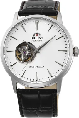A close-up studio shot of an Orient automatic watch with a white dial and black leather strap.