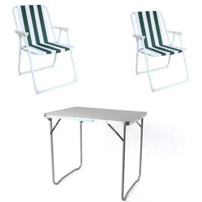 Produktbild von Campingset klappbar 3tlg Campingstuhl Gartenstuhl Grün-gestreift Koffertisch