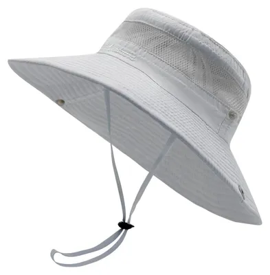 Immagine prodotto di Cappello da sole da donna, protezione UV, pieghevole, in rete, con ampia tesa, color grigio chiaro, taglia unica