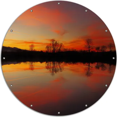 Produktbild von Wallario rundes Outdoor-Poster für Garten oder Balkon, Motiv Abendrot am Himmel über einem See, 120 cm Durchmesser