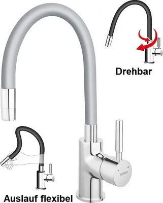 A collage of images showing a kitchen faucet with a flexible hose and its features.