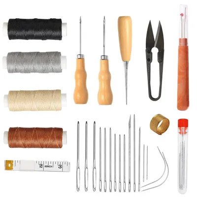 Immagine prodotto di Kit di cucito per pelle con 4 bobine di filo e strumenti in metallo – Kit di riparazione per articoli in pelle, scarpe, borse