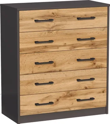 Produktbild von Kommode mit 5 Schubladen mit matter Oberfläche, Kommode 74cm breit Holz Schrank Kommode mit Schubladen Sideboard Highboard Anrichte Graphit-Eiche
