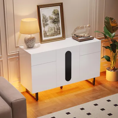 Image de Buffet de 120 cm, commode blanche, buffet avec tiroirs et portes, buffet haut moderne, meuble de cuisine avec pieds en métal, meuble de salon, meuble d'entrée
