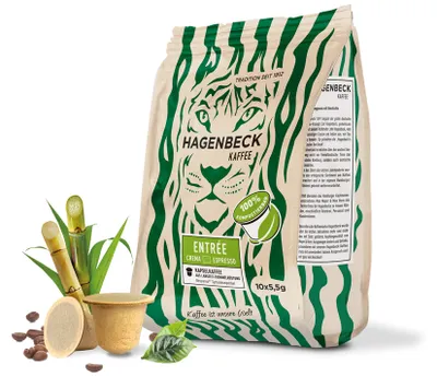 Produktbild von HAGENBECK ENTRÉE Crema/Lungo Espresso 10 Kapseln | Biologische Kaffeekapseln | kompatibel mit Nespresso-Maschinen | Nachhaltig & Aluminiumfrei