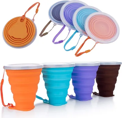 Produktbild von 2 Pack Faltbarer Reisebecher mit Deckel, 6Oz Silikon Faltbarer Trinkbecher, SENHAI einziehbar zum Wandern Camping Picknick