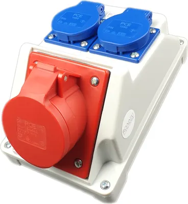 Produktbild von Kombi Wandsteckdose 16A 5P - CEE Steckdose 16A mit 2x Schuko 230V. Stromverteiler IP44 Baustromverteiler 16A. Ausschließlich Europäische Komponenteten