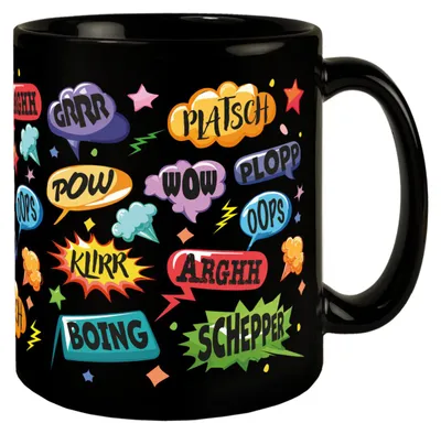 Produktbild von Comic Tasse in Schwarz mit Spruch: Unfallgeräusche: Alles schiefgelaufen!