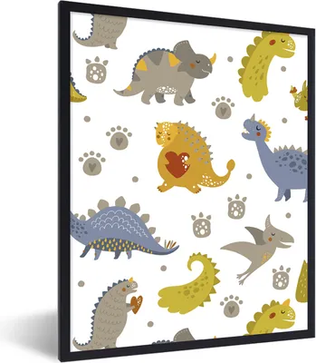 Produktbild von MuchoWow® Gerahmtes Poster Dinosaurier - Kinder - Design - Jungen - Mädchen - Kinder 60x80 cm - Poster mit Schwarzem Bilderrahmen Wandposter Rahmen Foto Bilder - Premium - Wanddeko Wohnzimmer