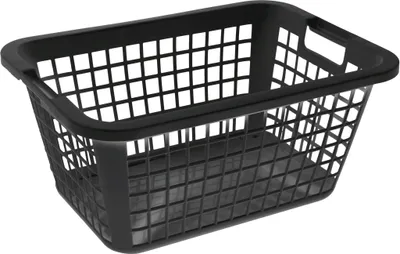 A black laundry basket is shown against a white background.