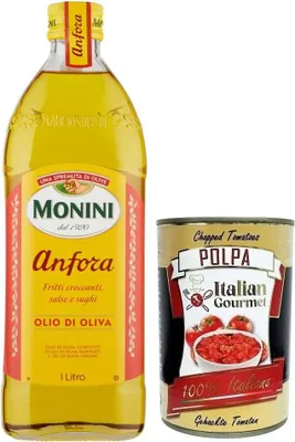 Produktbild von Monini Anfora Olio Di Oliva,Olivenöl,Ideal für knusprig frittierte Speisen, Soßen und Bratensoßen,Glas 1Lt + Italian Gourmet Polpa di Pomodoro 400g Dose