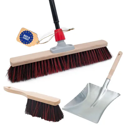 Produktbild von Novaliv Straßenbesen Set 50 cm I Besen Handbesen und Schaufel Teleskopstiel I Arenga-Elaston schwarz-rot I  mit Stiel ausziehbar I Industriebesen Kehrbesen Gartenbesen Hofbesen