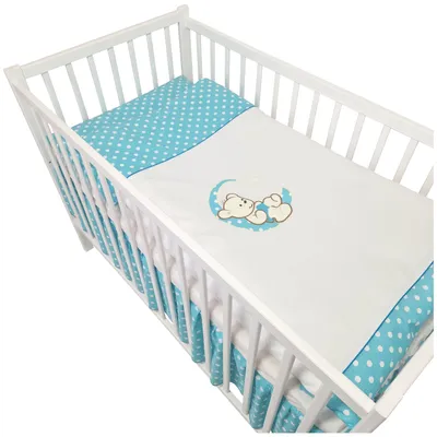 Produktbild von 13 Teiliges Babybett Kinderbett und Bettwäsche komplett Set Happy Leo inkl. Matratze höhenverstellbar für Neugeborene Babys und Kleinkinder aus Massivholz bestickt (Teddybär Mond Azurblau)