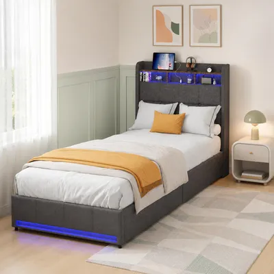 Obrázok produktu pre INONEFT Čalúnená posteľ 90x200 cm, ľanová, sivá, jednolôžková posteľ s 4 zásuvkami a LED osvetlením, úložný priestor v čelnej časti s USB Type-C, funkčná posteľ pre mládež s roštom