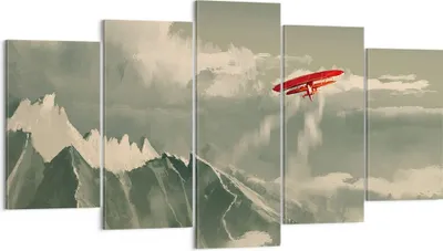 Produktbild von Bild auf Leinwand - Leinwandbild - 5 Teile - Rot Flugzeug Berge - 160x85cm - Wand Bild - Wanddeko - Wandbilder - Leinwanddruck - Bilder - Wanddekoration - Leinwand bilder - Wandbild - EA160x85-4854