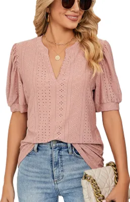 Produktbild von ASKSA Damen T-Shirt Puffärmel Aushöhlen Bluse V-Ausschnitt Sommer Kurzarm Shirts, Dunkelrosa, L