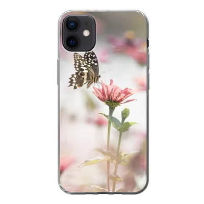 Produktbild von MuchoWow® Handyhülle Schutzhülle Hülle für iPhone 12 mini Schmetterling - Blume - Rosa Silikon Softcase Handy Hülle - Bild