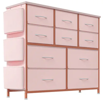Productafbeelding van Kledingkast met lades, bijzetmeubel, veelzijdig, ruime kast, kleur roze, gemaakt van houtvezelplaat (MDF/spaanplaat), stevig metalen frame, duurzaam...