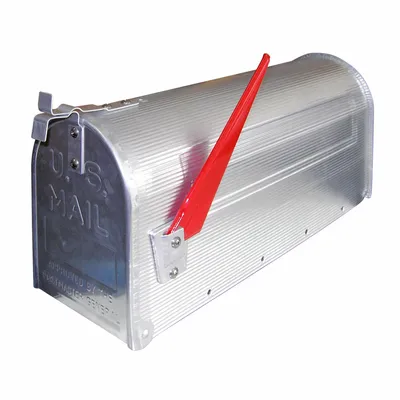 A silver aluminum US mailbox with a red flag is shown against a white background.