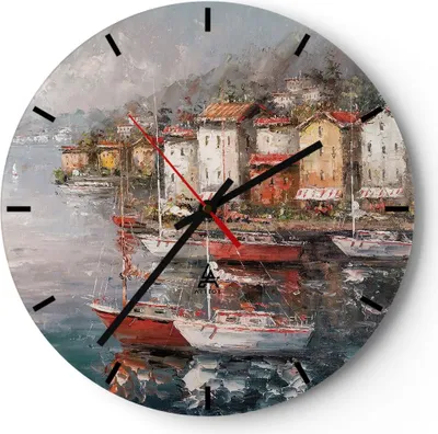Produktbild von Wanduhr - Rund - Glasuhr - Meer Hafen Segel - 30x30cm - Schleichendes Uhrwerk - Lautlos - zum Aufhängen bereit - Dekoration Modern - Wanddekoration aus Glas - C3AR30x30-5136