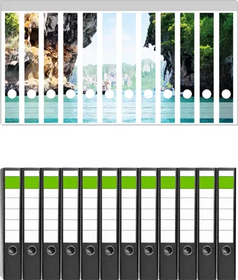 Produktbild von Wallario 12 Stück schmale Ordner inkl. Klebeetiketten mit Motive Felsenschlucht am Meer in Thailand -  Set mit Rückenschildern / Ordnerrücken Stickern