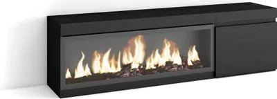 A black TV cabinet with an electric fireplace is shown against a white wall.