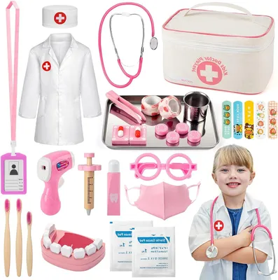 Image de Mallette de docteur pour enfants - Ensemble de jeu médical - Jeu d'imitation - Coffret de 32 pièces - 23 cm - Rose