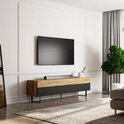 Immagine prodotto di Skye Decor, mobile TV moderno, 180 cm, nero e noce, realizzato al 100% in pannello di particelle melaminato, spessore 18 mm, con numerosi ripiani, montabile a parete, ideale per la vostra casa.