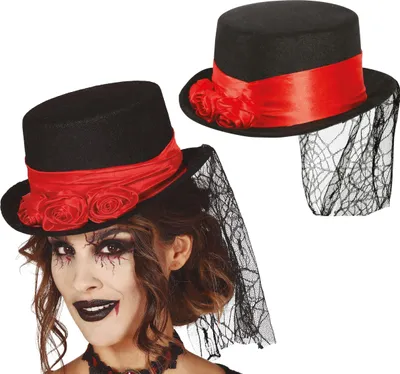Produktbild von Halloween Zylinder Hut Roter Schleier 19 Jahrhundert Vampir Viktorianisch Kunstvoll Schick Mystisch Eleganter Kopfschmuck, Farbe: Schwarz