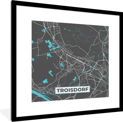 Produktbild von MuchoWow® Gerahmtes Poster Troisdorf - Stadtplan - Blau - Karte - Deutschland 40x40 cm - Poster mit Schwarzem Bilderrahmen Wandposter Rahmen Foto Bilder - Poster - Plakat im Rahmen