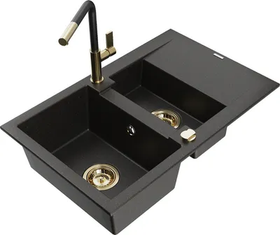 Produktbild von Mexen Gaspar 1,5-Becken-Granitspüle mit Abtropffläche und Mischbatterie Flora, Schwarz/gold - 6507-75-670401-57-G