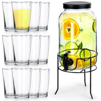 Immagine prodotto di Caraffa in vetro Vilde Distributore di bevande in vetro con rubinetto e supporto nero 3,2 L + bicchieri da 200 ml 12 pz.