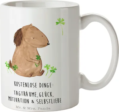 Produktbild von Mr. & Mrs. Panda Tasse Hund Kleeblatt - Weiß - Geschenk, Glück, Sprüche, Liebe, Kaffeebecher, Becher, Kaffeetasse, Gratis, Geschenktasse, haferl, schöne