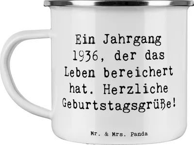 Produktbild von Mr. & Mrs. Panda Haferl Spruch 1936 Geburtstag - Weiß - Geschenk, Jubiläum, Happy Birthday, Emaille Becher, Historisches Jahr, Geburtsjahr, Teetasse, Jahrgang feiern