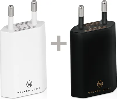 Two USB power adapters, one white and one black, are shown side-by-side with a plus sign in between them.