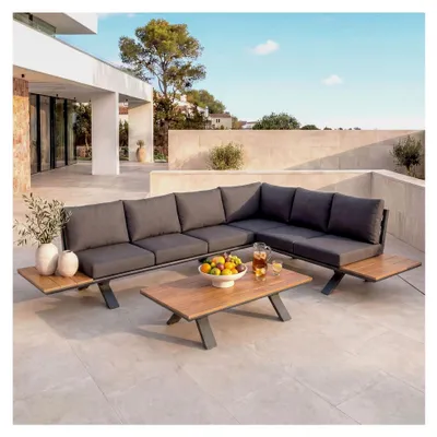 Produktbild von Aluminium Gartenmöbelset, Sitzgruppe Garten-/Lounge-Set Sofa, Holzoptik - Gestell anthrazit, Polster dunkelgrau