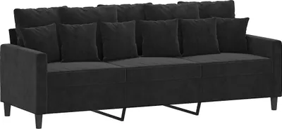A black three-seater sofa with multiple throw pillows, shown from a front-side angle against a white background.