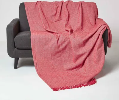 Image de HOMESCAPES Malda Couvre-lit XXL 255 x 360 cm, rouge avec franges - Couverture en coton avec motif en losange