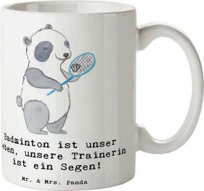 Produktbild von Mr. & Mrs. Panda Becher Badminton Trainerin - Weiß - Geschenk, Kaffeebecher, Trinkbecher, Präzision, Sportgeist, Teetasse, Danksagung, Tasse, Geschicklichkeit, Sportarten