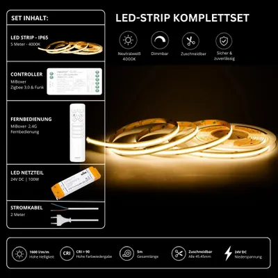 Produktbild von LED Streifen Set Neutralweiß – COB LED Streifen 24V, punktfrei, 14 W/m, 5m, 4000K, CRI 90, IP65 – SS100 Netzteil, SZ2 Zigbee 3.0 Controller und C1 Fernbedienung Weiß