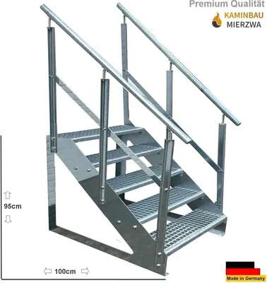 A galvanized steel staircase with a railing, shown against a white background with dimensions indicated.