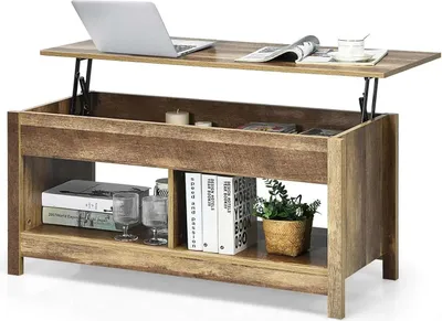Image de Table basse - Réglable en hauteur - Table d'appoint avec compartiment de rangement - Table en bois pour le salon - Marron