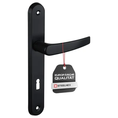 A black door handle set with a tag attached.