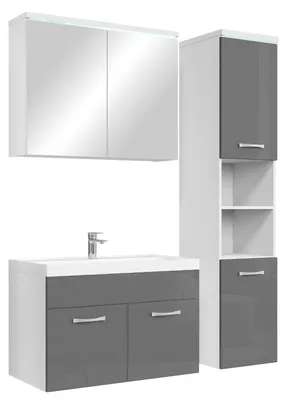 Produktbild von Badplaats Badmöbel Komplettset Paso LED 80 x 40 cm Weiß mit Grau Hochglanz - Badezimmermöbel mit Waschbecken, Spiegelschrank und Badezimmerschrank