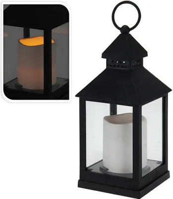 A black metal lantern with a white LED candle inside, shown on a white background. A close-up inset shows the lit candle.
