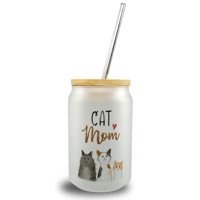 Produktbild von Cat Mom Trinkglas mit Bambusdeckel mit Spruch