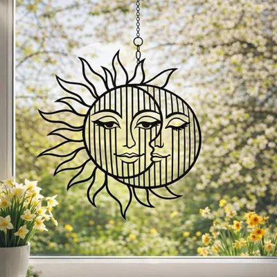 Produktbild von Hängende Fensterdekoration mit Sonne und Mond aus schwarzem Kunststoff – vielseitig einsetzbar für das ganze Jahr – stilvolles Design mit 22 cm Durchmesser